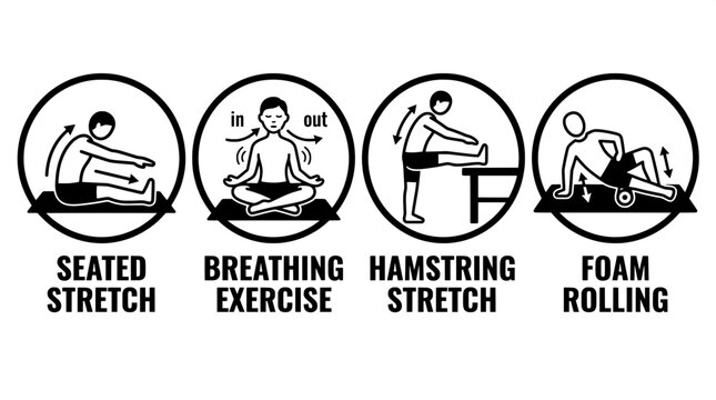 Physical fitness exercise routine icons set including seated stretch breathing exercise hamstring stretch and foam rolling
