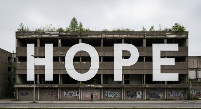 Giant Hope Message Displayed on Industrial Building Exterior with Urban Background