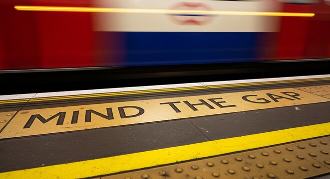Train Platform Warning Sign with Yellow Gap Indicator and Blurred Background