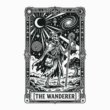 Halloween tarot card the wanderer vintage skeleton illustration with crescent moon and mystical symbols