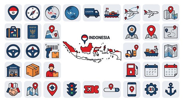 Logistics and transportation icons in Indonesia map illustration