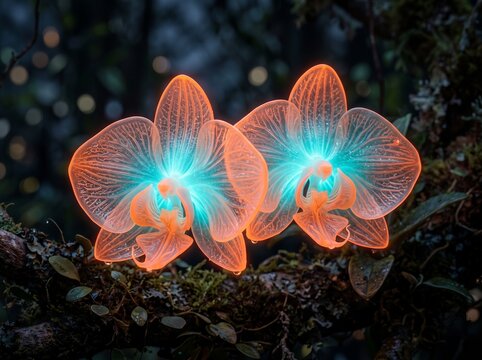 Bioluminescent Orange Orchids &ndash; Glowing Cyan Centers on Mossy Branch