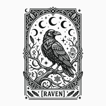 Halloween tarot card vintage raven illustration with celestial moons stars and mystical symbols