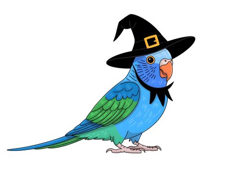 Cute blue parrot wearing a black witch hat for a fun halloween celebration party costume