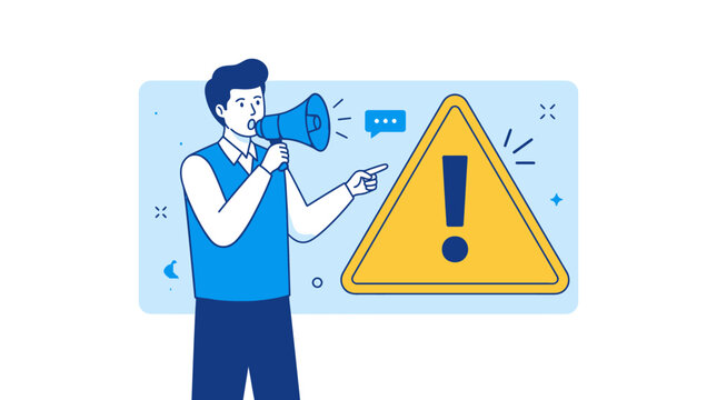 A man holding a megaphone points at a large yellow warning sign with an exclamation mark in a graphic illustration.