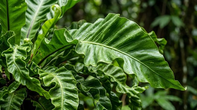 Closeup of vibrant green birds nest fern leaves with natural texture and water droplets in a lush tropical forest environment