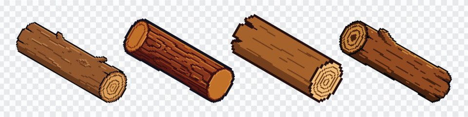 Set of four cut wooden log illustrations with bark texture, visible growth rings, and natural brown tones, ideal for forestry, firewood, lumber, camping, rustic, and nature-themed designs. © VectorBloomX