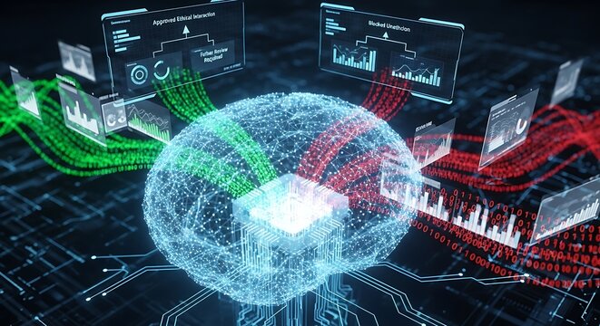 A futuristic digital representation of a human brain with glowing lines and screens