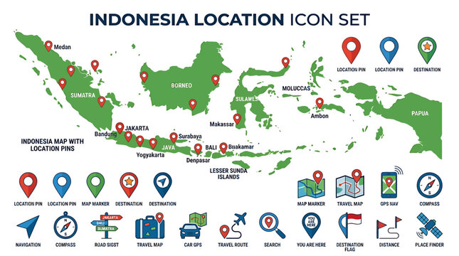 Indonesia location icons on a map with various symbols