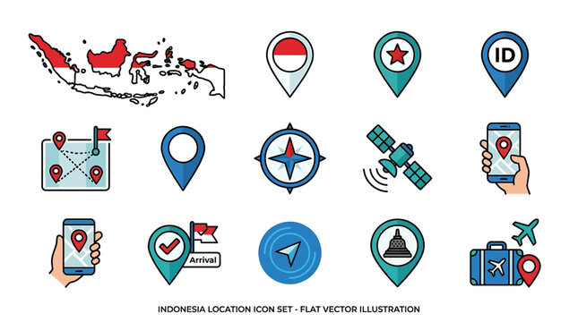 Flat vector illustration of various Indonesia location icons on a white background including map markers and navigation symbols.