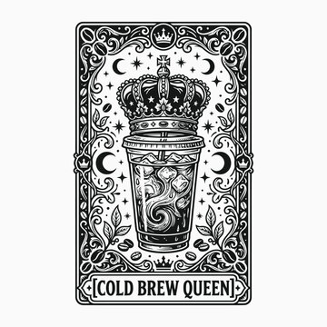 Halloween tarot card cold brew queen vintage style coffee beverage illustration for occult design