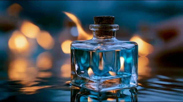 Glass bottle surrounded by flames on a reflective water surface, showing a surreal contrast of fire and liquid