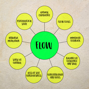 flow - state of optimal experience where individuals are fully immersed in a task, feeling intensely focused, energized, and enjoying a deep sense of satisfaction, infographics