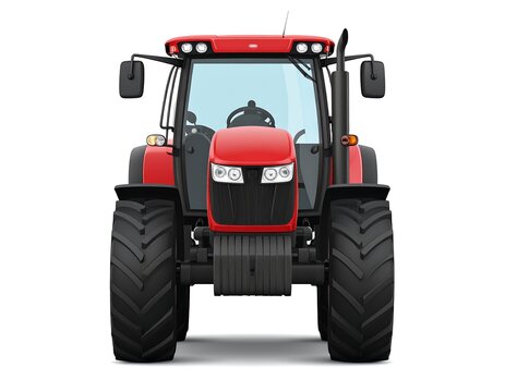 A large red tractor with a glass-enclosed cabin and black tires