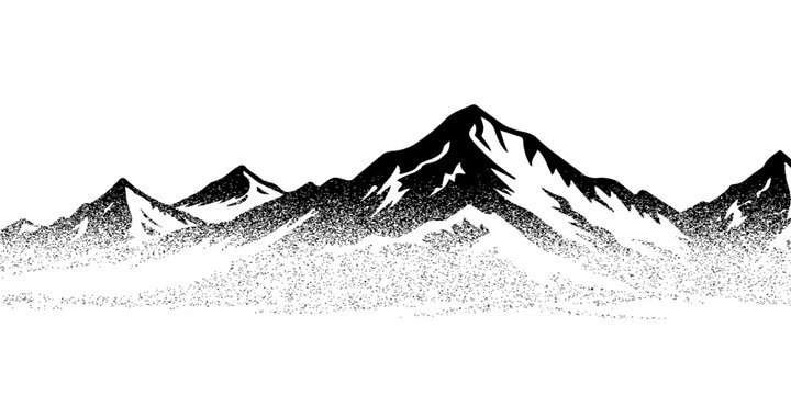 Grayscale vector halftone dots background with a fading dot effect, resembling a abstract mountain landscape. Black noise dots, a sand grain effect, and grunge banner.