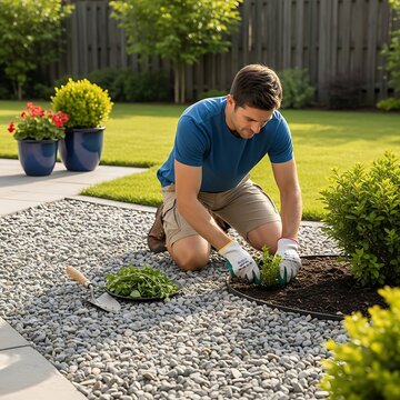 A man kneels on gravel, planting in a garden bed