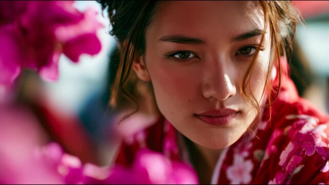 Close-up portrait of a young woman in traditional floral kimono surrounded by bright pink blossoms, elegant Japanese beauty and culture concept