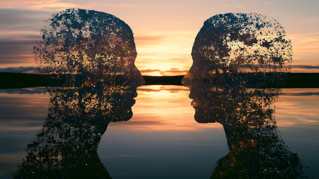 An surreal depiction of two digital human silhouettes facing each other at sunset over water. A futuristic concept highlighting connections, virtual relationships, and artificial intelligence.