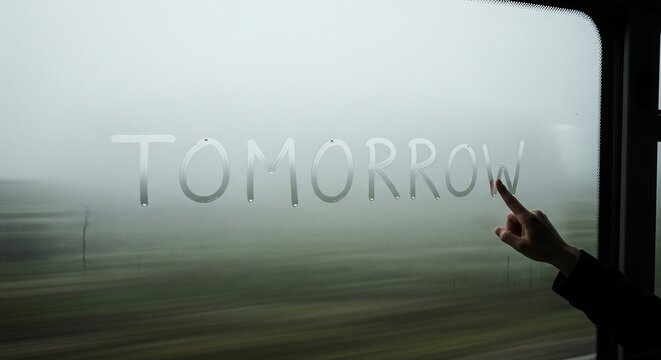 Hand Writing Tomorrow on Foggy Train Window with Misty Landscape Outside