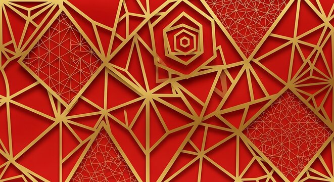 A red and gold geometric pattern with intricate designs and shapes