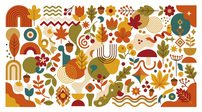 Autumn leaves and shapes pattern