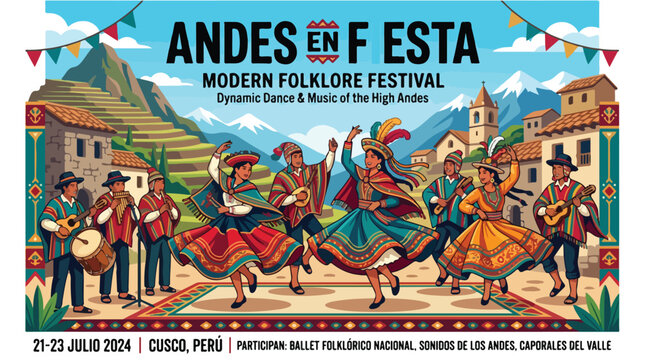 Peruvian traditional dancers and musicians performing in a vibrant folk festival illustration.