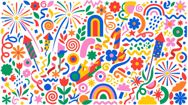 Colorful whimsical floral pattern with fireworks and rainbows