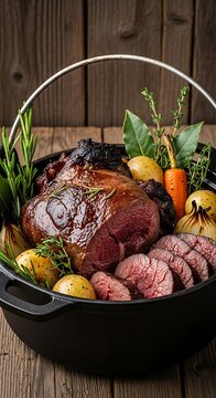 A roasted meat dish with potatoes and vegetables in a black pot