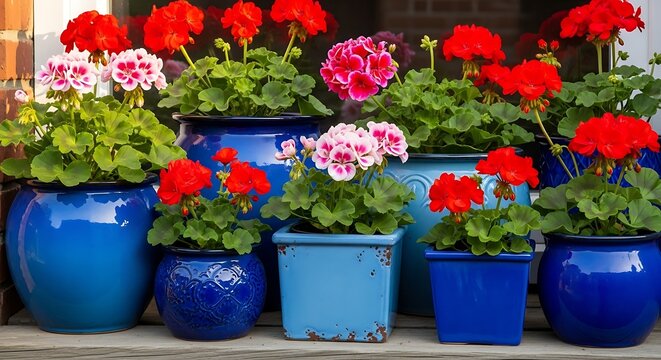 A serene arrangement of vibrant flowers in various blue pots on a wooden surface