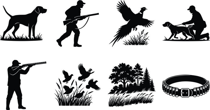 Bird hunting vector silhouette set featuring hunters gundogs flying pheasant quail and shotgun cartridge beltBird hunting vector silhouette set featuring hunters gundogs flying pheasant quail 