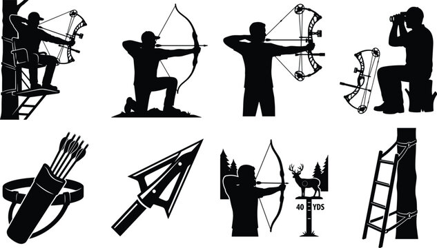 Archery and bowhunting silhouette vector set featuring hunters compound bows arrows and outdoor equipmentArchery and bowhunting silhouette vector set featuring hunters compound bows arrows