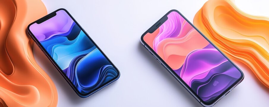 Two iPhones with vibrant gradient wallpapers showcasing modern digital technology on a colorful background