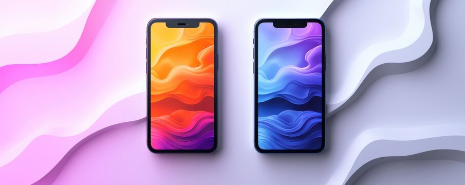 Two iPhones displaying colorful abstract wave designs on a smooth fabric background