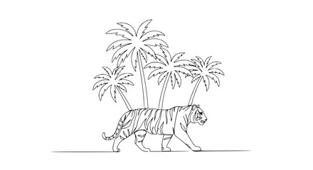 Tiger walking near palm trees, minimalist line art illustration, jungle safari concept © illustration