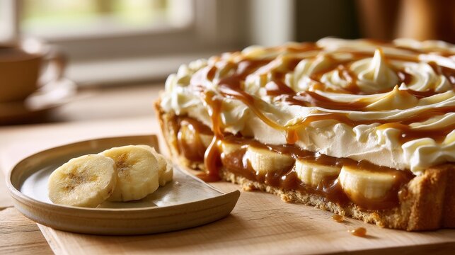 Close-up Banoffee pie with caramel, banana and cream layers on a rustic wooden board