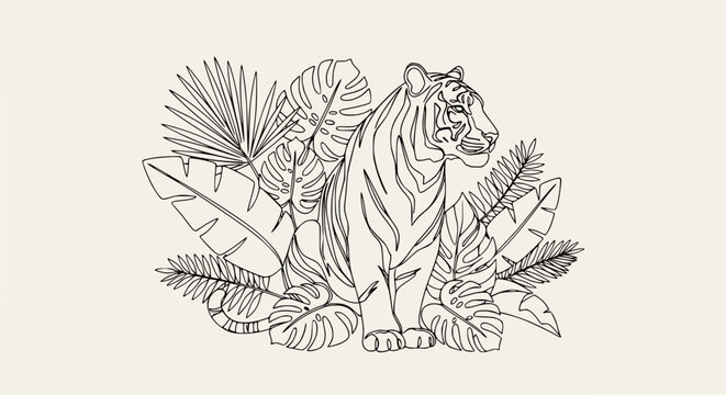 Tiger surrounded by tropical leaves, line art illustration