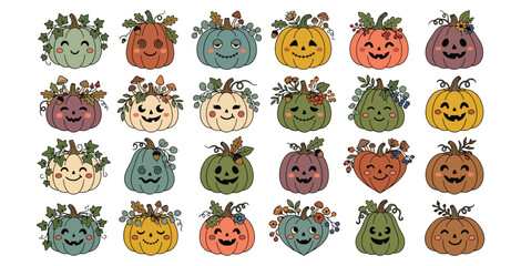 Fototapeta premium Collection of twenty four cute decorative pumpkins for halloween harvest or autumn fall festivals.