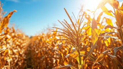 Obraz premium Vibrant golden corn stalks swaying gently under a bright blue sky with warm sunlight casting a radiant glow