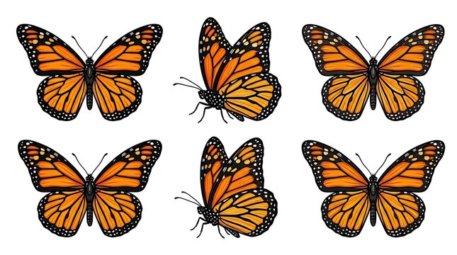 Set of beautiful monarch butterflies with orange and black wings in different poses for nature and wildlife design