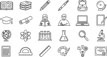 Diverse students learning in school classroom children studying at desks and reading line art vector illustration set. © ARNIKA ISLAM