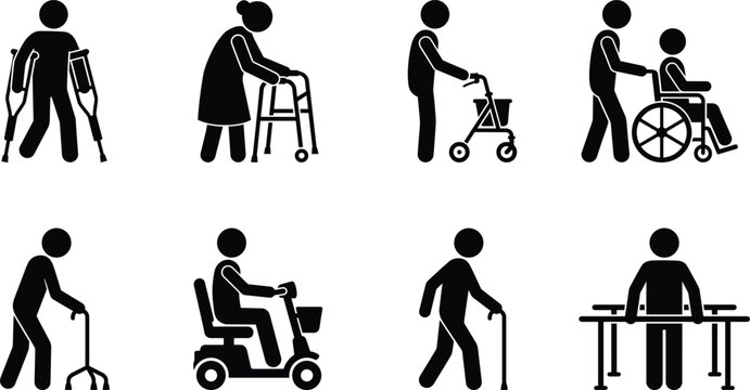 Disabled and Elderly People Mobility Assistance Stick Figure Icons Set Isolated on White BackgroundDisabled and Elderly People Mobility Assistance Stick Figure Icons Set Isolated 
