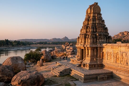 Sacred Virupaksha Temple: Historic ruins amid giant boulders and a tranquil river setting