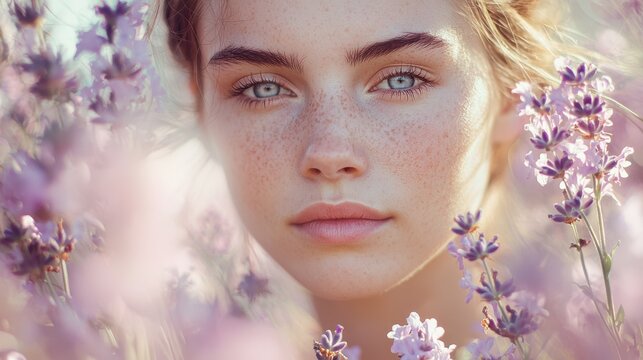 Portrait of a serene woman surrounded by blooming lavender flowers in a sunlit field capturing natural beauty and tranquility