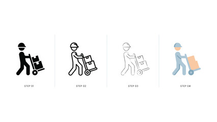 Obraz premium Warehouse Logistics Worker with Hand Truck Icon Evolution Set Vector