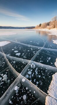 A serene winter landscape featuring a frozen lake with a cracked ice surface
