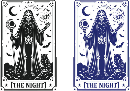 Halloween tarot card designs grim reaper crescent moon and owl mystical illustrations for occult decor