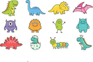 Cute Dinosaur and Monster Vector Icon Set Featuring Kawaii Prehistoric Creatures Aliens Caterpillar and Hatching Dino Egg for Kids Graphic Designs © Md. Al-Amin