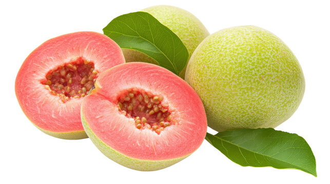 Fresh pink guava fruits with green leaves and sliced halves showing seeds inside