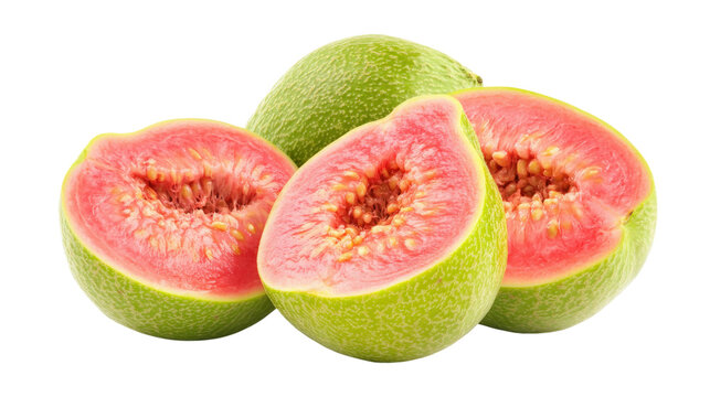 Group of sliced pink guava fruits with textured skin and red flesh showing seeds