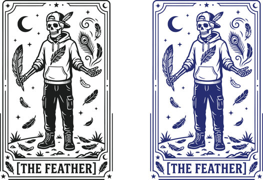 Halloween tarot card illustration skeletal figure with feather and crescent moon vintage occult design